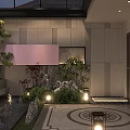 Contemporary Garden Landscape Design With Greenery Water Feature Stone Path And Ambient Lighting