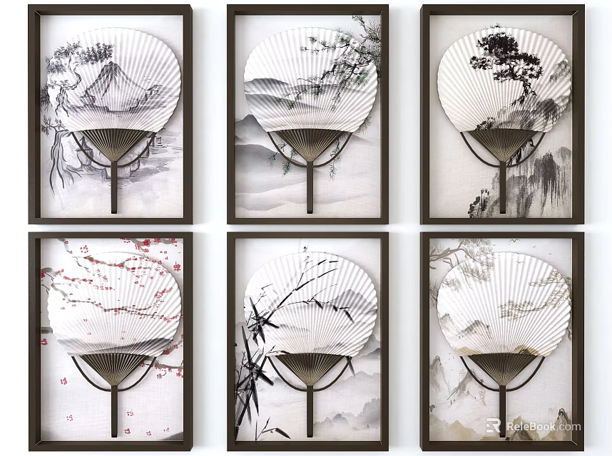 Chinese Style Fan Shaped Wall Decor with Mountain Landscape Bamboo and Plum Blossoms 3d model 
