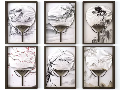 Chinese Style Fan Shaped Wall Decor with Mountain Landscape Bamboo and Plum Blossoms 3d model