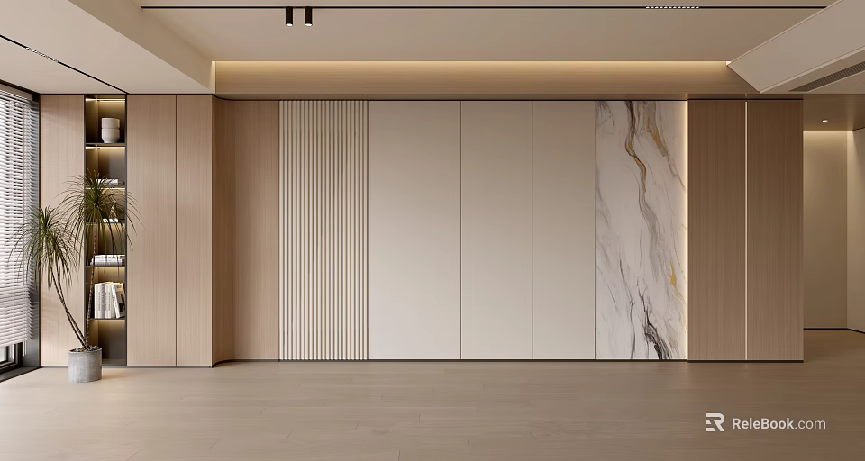 Modern Elegant Background Wall Design With Wooden Panels Striped Patterns And Marble Accents 3d model 