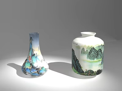 Traditional Chinese Ceramic Vases With Hand Painted Landscape Art And Decorative Design 3d model