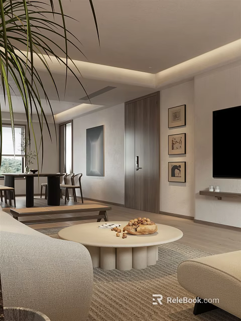 Modern Dining and Living Room with Sofa Round Coffee Table Dining Chairs and Decorative Paintings 3d model 