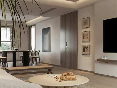 Modern Dining and Living Room with Sofa Round Coffee Table Dining Chairs and Decorative Paintings 3d model