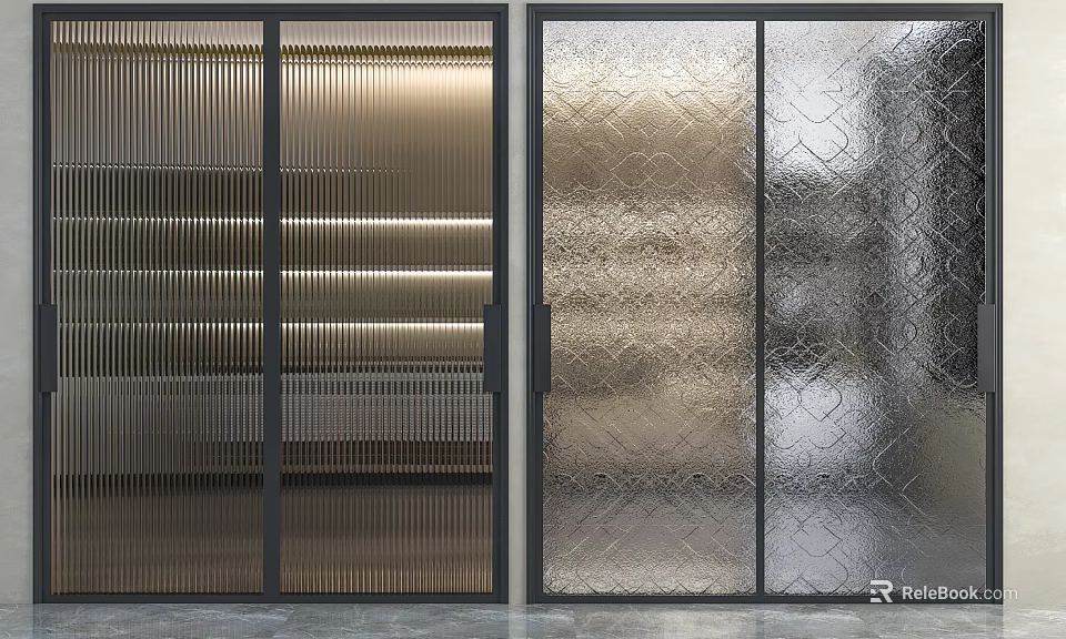 Modern Interior Sliding Doors Featuring Textured Glass And Black Metal Frames 3d model 