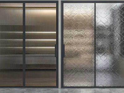 Modern Interior Sliding Doors Featuring Textured Glass And Black Metal Frames 3d model