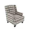 Gray and White Plaid Upholstered Armchair with Black Legs and Classic Design