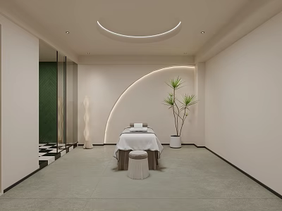 Modern Beauty Salon Interior With Comfortable Beauty Bed Green Plants And Arc Lighting 3d model