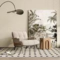 Modern Single Sofa Living Space With Floor Lamp Palm Painting And Wooden Side Table