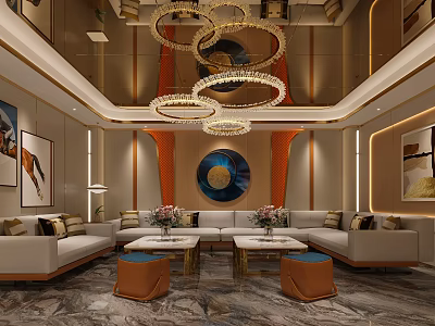 Luxurious KTV Interior With Modern Chandeliers Plush Sofas Coffee Tables And Art Decor 3d model