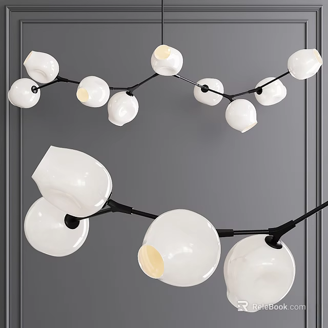 Modern Chandelier with White Globe Shades and Black Branch Frame Hanging 3d model 