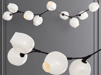 Modern Chandelier with White Globe Shades and Black Branch Frame Hanging 3d model