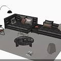 Modern Leather Sofa and Marble Coffee Table Set With Pillows Floor Lamp and Accent Chair
