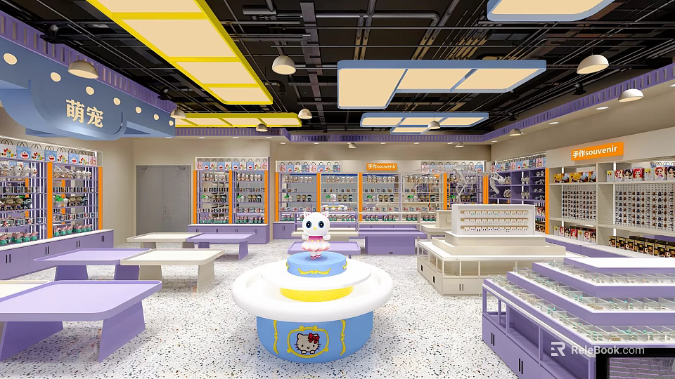 Colorful Pet Supply Store Interior With Purple Blue Decor Display Shelves And Round Table 3d model 