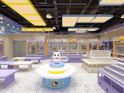 Colorful Pet Supply Store Interior With Purple Blue Decor Display Shelves And Round Table 3d model