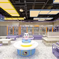 Colorful Pet Supply Store Interior With Purple Blue Decor Display Shelves And Round Table