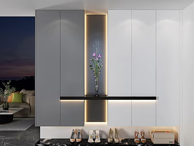 Modern Entryway Side Cabinet With LED Lighting Vase Decor And Shoe Storage Space 3d model