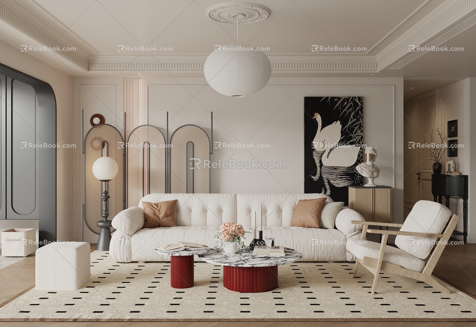 French Middle-style Living Room Sofa Coffee Table Combination Screen Side Cabinet Decorative Painting Chandelier 3d model