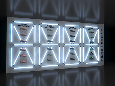 Shoe Display Backdrop Wall with Grid Shelves and Neon Light Frames 3d model