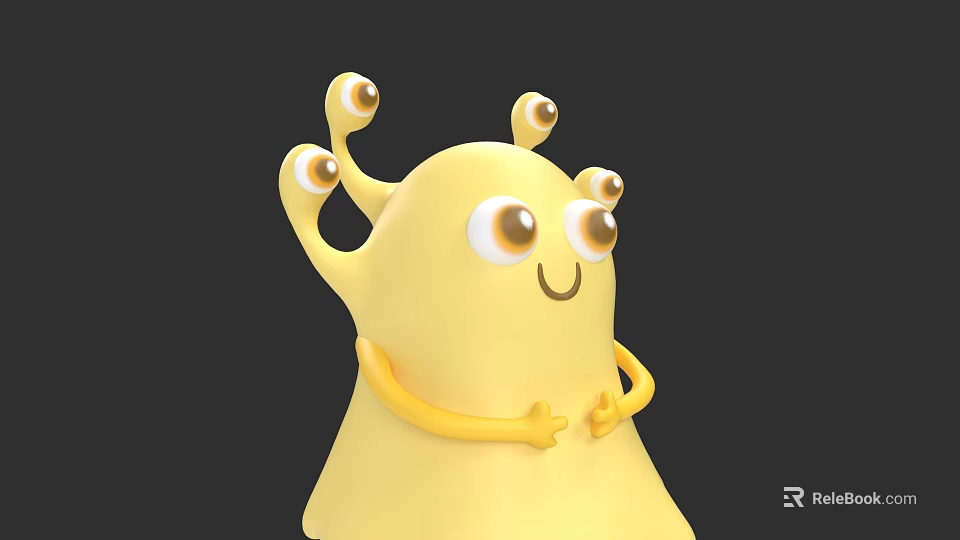 Cute Yellow Cartoon Creature With Multiple Eyes Smiling Expression And Arms 3d model 