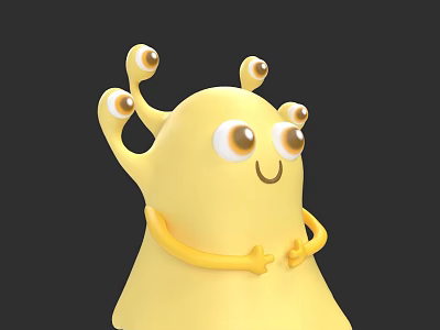 Cute Yellow Cartoon Creature With Multiple Eyes Smiling Expression And Arms 3d model