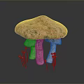 Edible Pink Green Spotted Mushroom with White Stems and Small Brown Stems Around