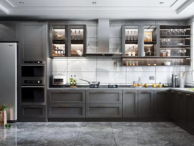 Modern Kitchen Design With Grey Cabinets Glass Door Upper Cabinets Marble Countertop And Appliances 3d model