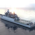 Modern Warship On Open Sea With Radar Antennas Upper Deck Structures And Calm Water Reflections