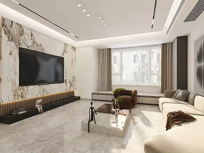 Modern Living and Dining Room Interior With Large TV Marble Accent Wall And Beige Sofa 3d model