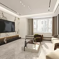 Modern Living and Dining Room Interior With Large TV Marble Accent Wall And Beige Sofa