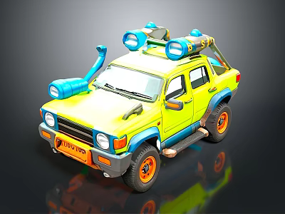Yellow Toyota Off Road Vehicle Model With Blue Roof Searchlights And Orange Wheels 3d model