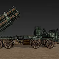 Camouflaged Military Missile Launch Vehicle With Elevated Launcher In Desert Terrain