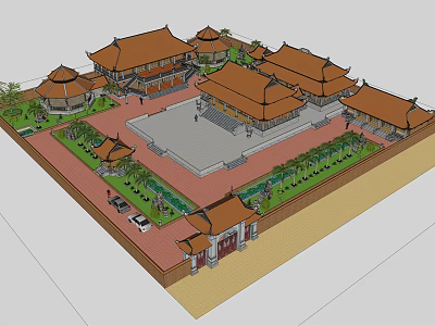 Ancient Chinese Architecture Complex With Traditional Roofs Courtyard Plaza And Greenery 3d model