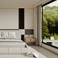 Modern Bedroom Interior With Minimalist Design King Bed Nightstands Rug And Green View