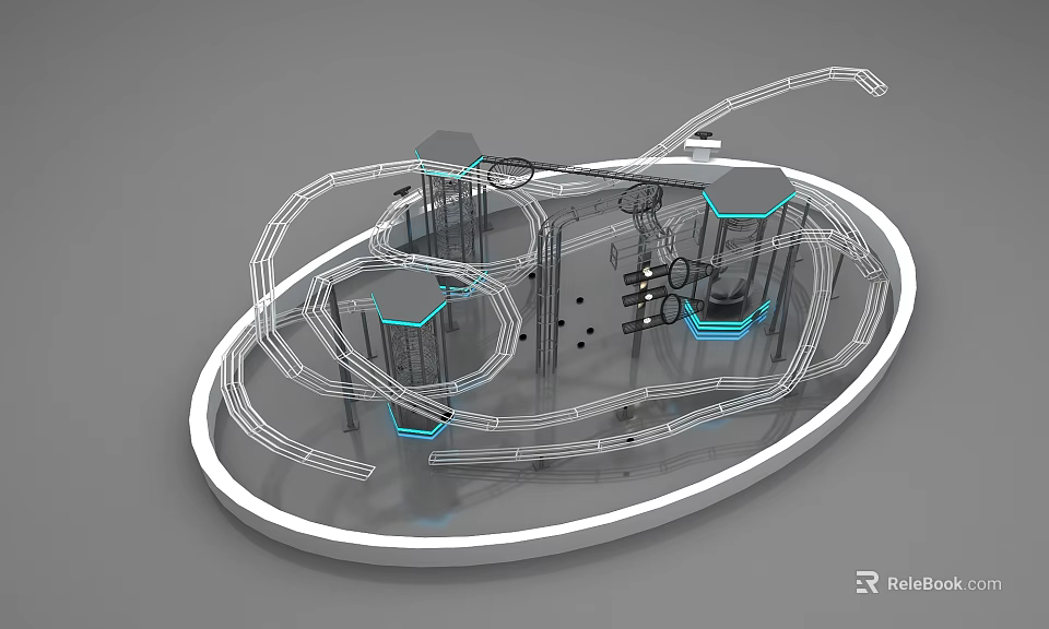 Modern Structural Installation With White Frame Blue Accents And Circular Design Elements 3d model 