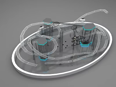 Modern Structural Installation With White Frame Blue Accents And Circular Design Elements 3d model