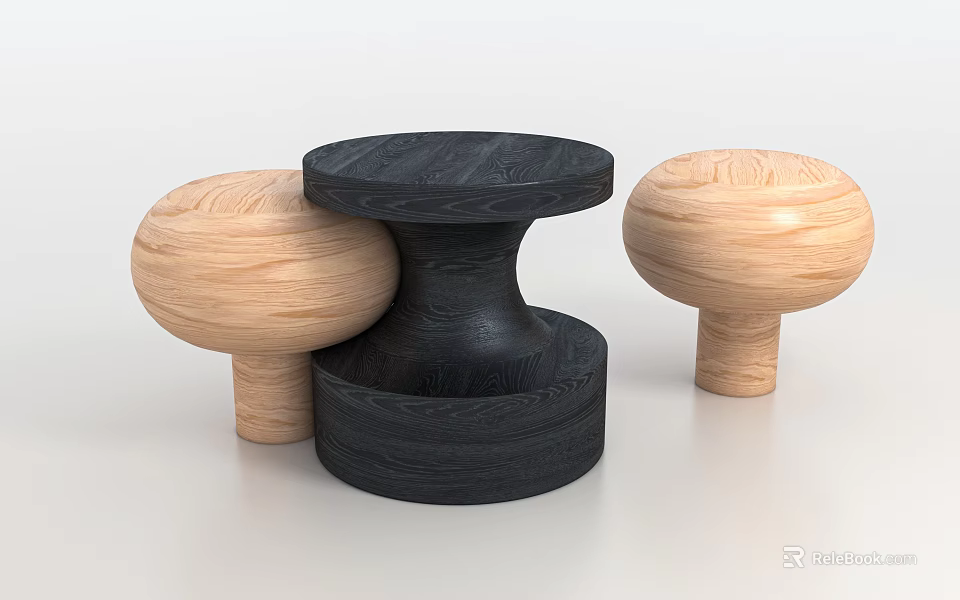 Mushroom Shaped Wooden Table and Chair Set with Light and Dark Wood Tones 3d model 