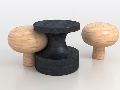 Mushroom Shaped Wooden Table and Chair Set with Light and Dark Wood Tones 3d model