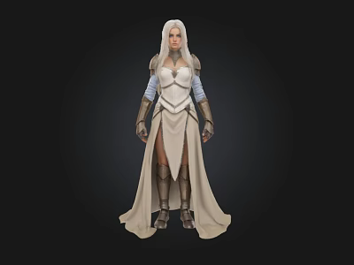 Fantasy Female Character In White Robe With Metallic Armor And Long Sleeves 3d model