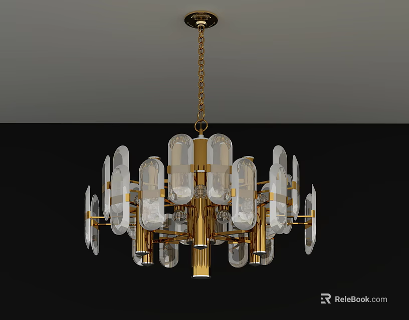 Modern Gold Metal Chandelier With Transparent Glass Shades And Circular Design Structure 3d model 