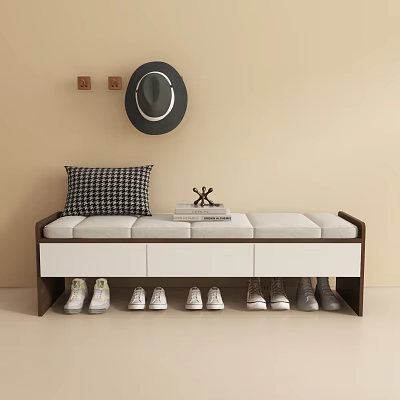 Entryway Bench With Checkered Cushion Stacked Books And Shoe Storage Drawers On Beige Wall 3d model
