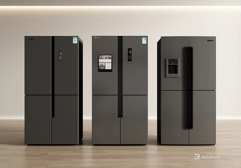 Modern Dark Gray Refrigerators With Multiple Door Styles And Smart Display Features 3d model 
