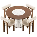 Round Dining Table Set With Wooden Top White Marble Center And Beige Upholstered Armchairs