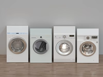 Four White Front Load Washing Machines In Laundry Room With Wooden Floor And Light Wall 3d model