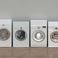 Four White Front Load Washing Machines In Laundry Room With Wooden Floor And Light Wall