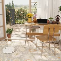 Cozy Indoor Wooden Desk And Chair Set With Laptop Vase Green Plants And Garden View