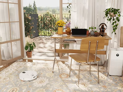 Cozy Indoor Wooden Desk And Chair Set With Laptop Vase Green Plants And Garden View 3d model