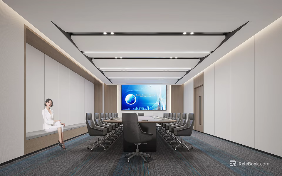 Modern Conference Room Interior Design With Large Screen Long Table And Black Chairs 3d model 