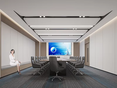 Modern Conference Room Interior Design With Large Screen Long Table And Black Chairs 3d model