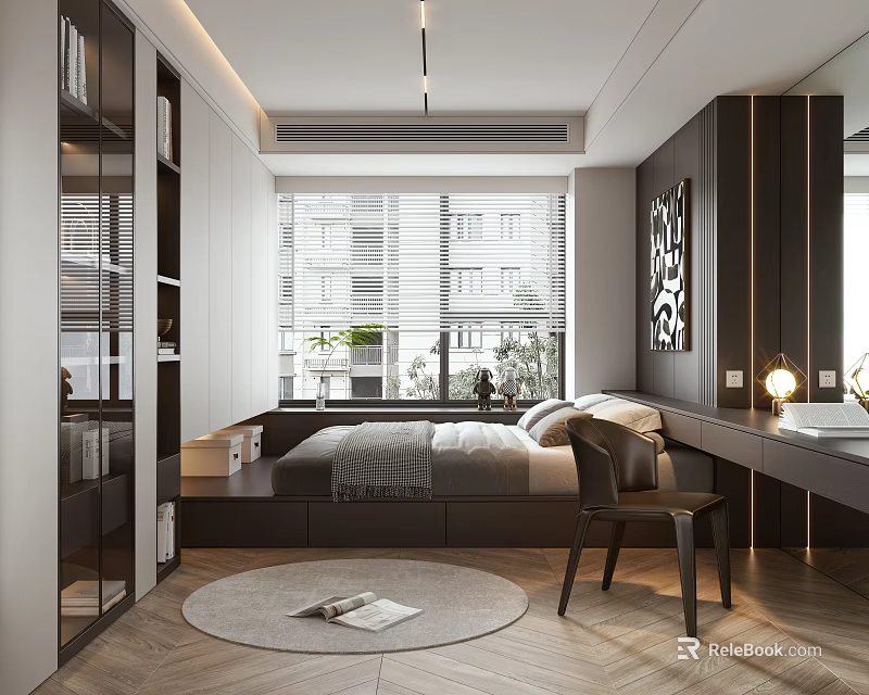 Cozy Tatami Bedroom with Built in Storage Large Window and Wooden Decor 3d model 
