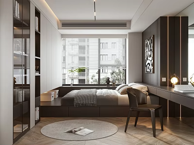 Cozy Tatami Bedroom with Built in Storage Large Window and Wooden Decor 3d model
